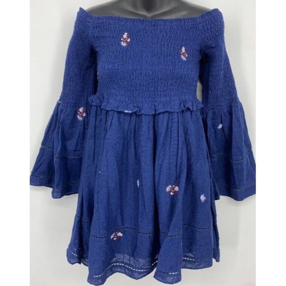 Free People Dresses & Skirts - Free People Counting Daisys Navy Blue Dress Smocked Embroidered Extra Small NEW